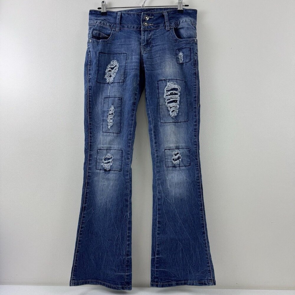 Women's Bongo Distressed Jewel Embellished Low Rise Flare Leg Jeans Size 9